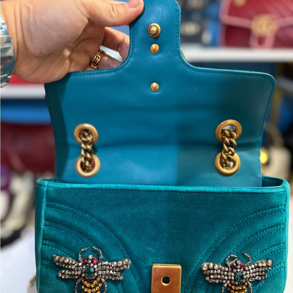 GG Marmont Teal Velvet Crystal Embellished Limited Edition Shoulder/Crossbody - Picture 6 of 16